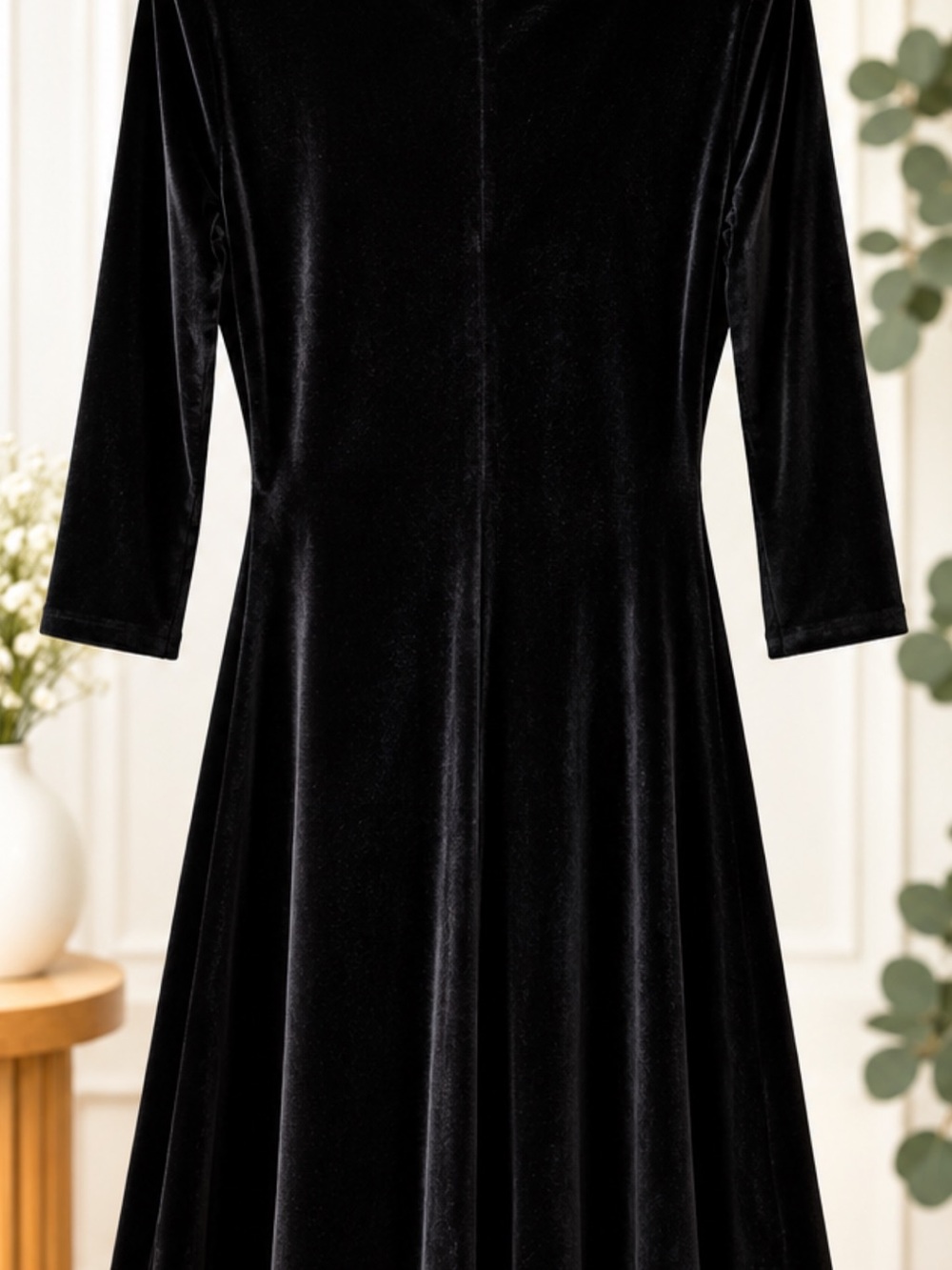 Joan Vass Black Velvet Long-Sleeve Fit & Flare Dress